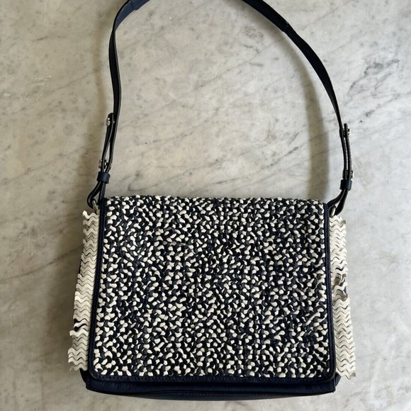 Cole Haan Ziva Woven Blue White Fringe Shoulder Bag Purse - Picture 2 of 10